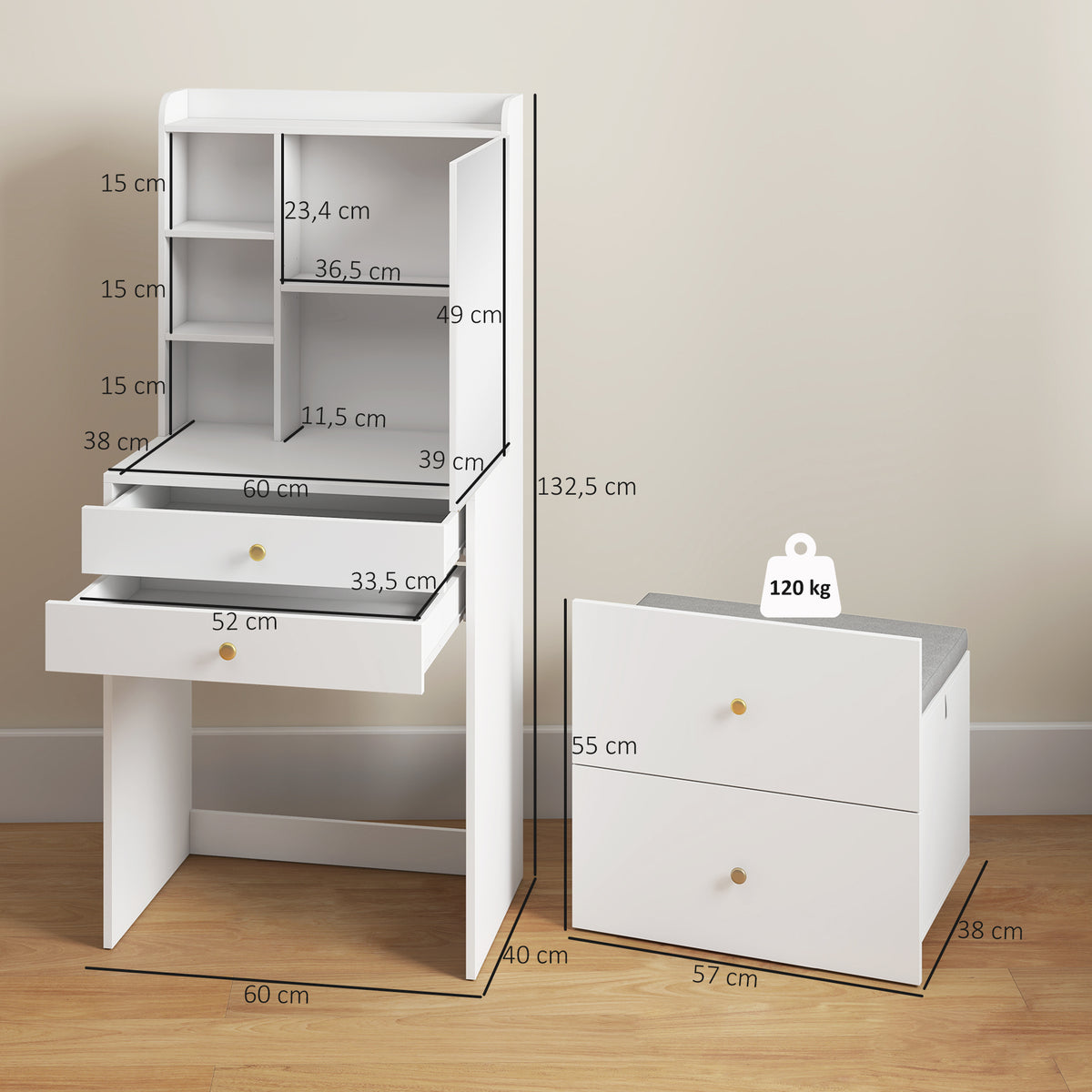 Coiffeuse avec miroir et tabouret de rangement mobile, table de maquillage, tiroirs, placard et étagères ouvertes, blanc-2