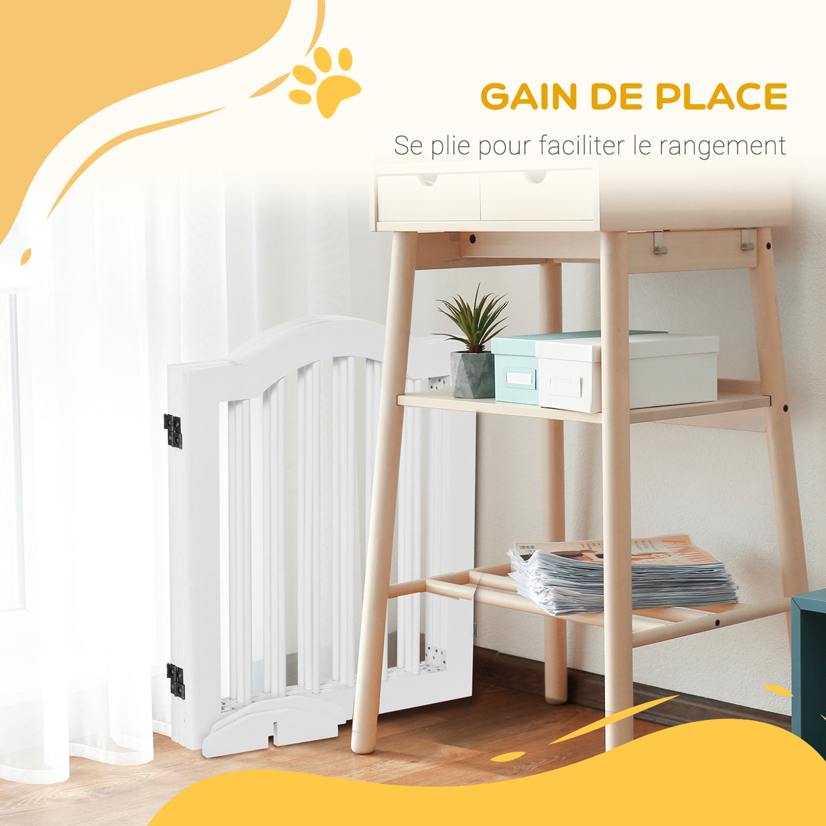 Barrière de sécurité chien barrière modulable pliable pour animaux de compagnie avec pied de support MDF bois massif 154,5 x 61 cm blanc-4