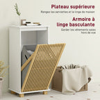 Meuble salle de bain avec panier à linge, porte à lattes en bambou et sac amovible, blanc et effet bois naturel-3