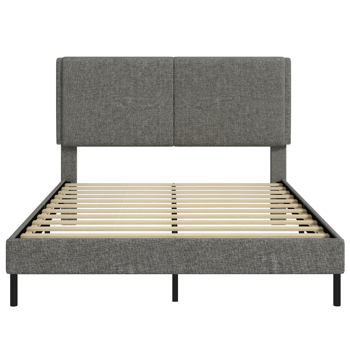 Cadre de Lit 140 x 190 cm avec Sommier et Tête Réglable, Lit Double Rembourré en Lin, Rangement au-dessous, Gris-0
