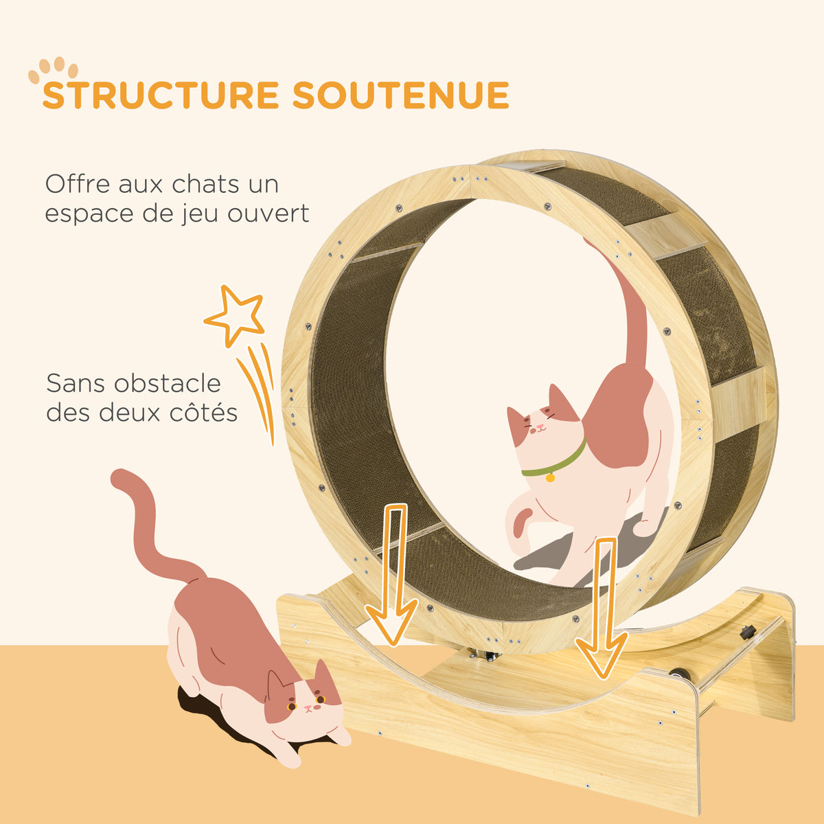 Roue de course pour chat d'intérieur tapis roulant avec frein coussins de grattage diamètre 91 cm naturel-4