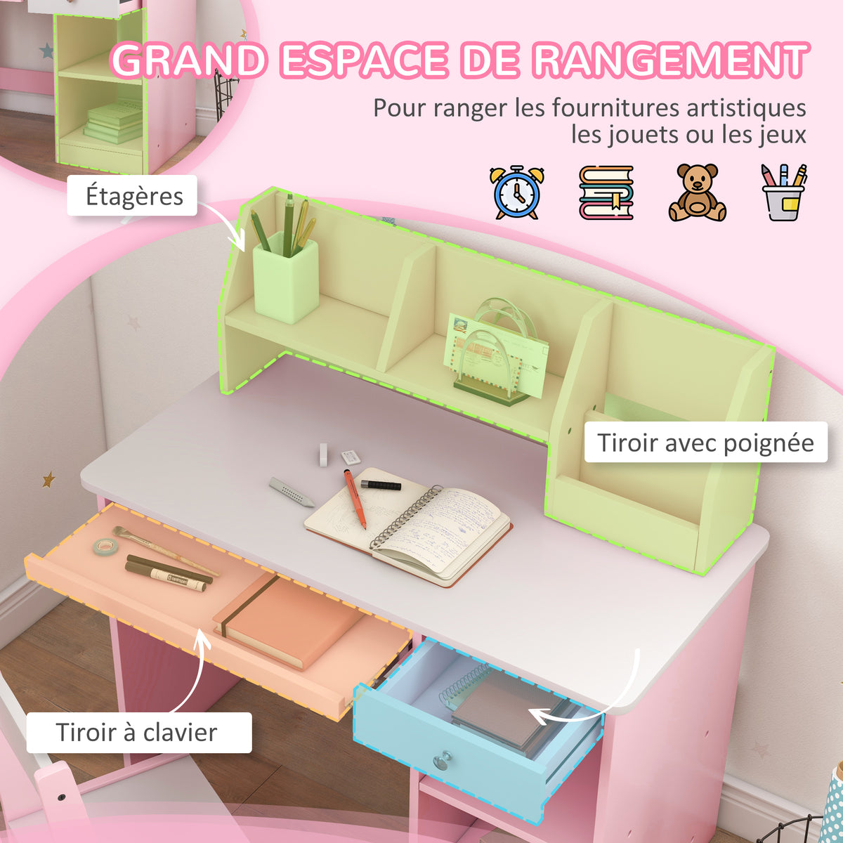 Bureau enfant avec chaise ergonomique avec clavier coulissant tiroir niches et étagères ouvertes 90 x 45 x 90 cm rose-3