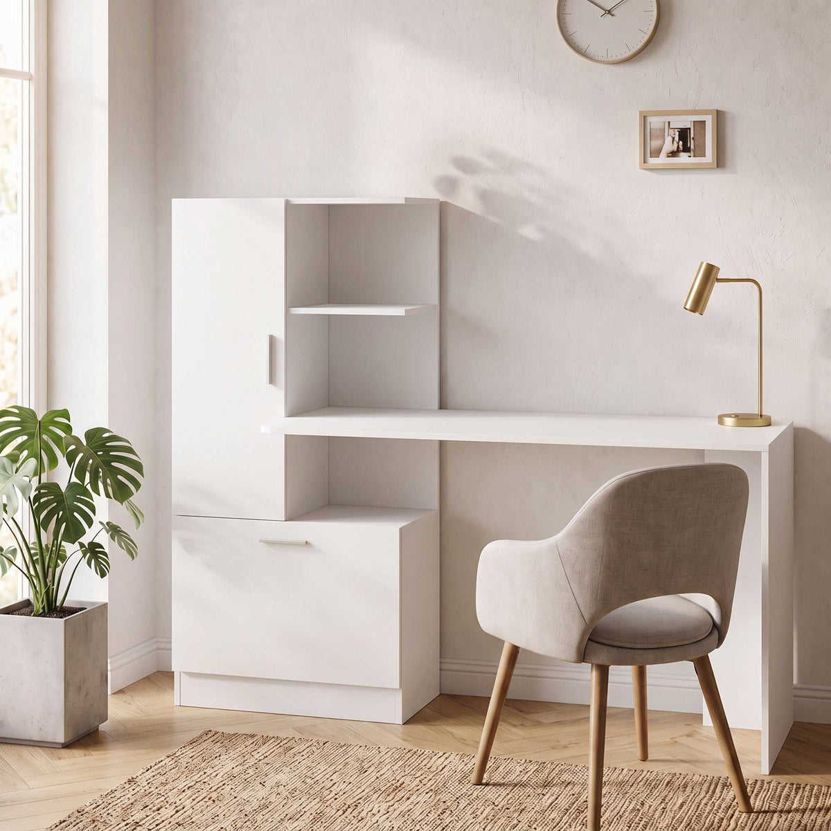 Bureau d'Ordinateur avec Bibliothèque, Bureau Informatique, Placard et Étagères Ouvertes, 150x55x122cm, Blanc-1