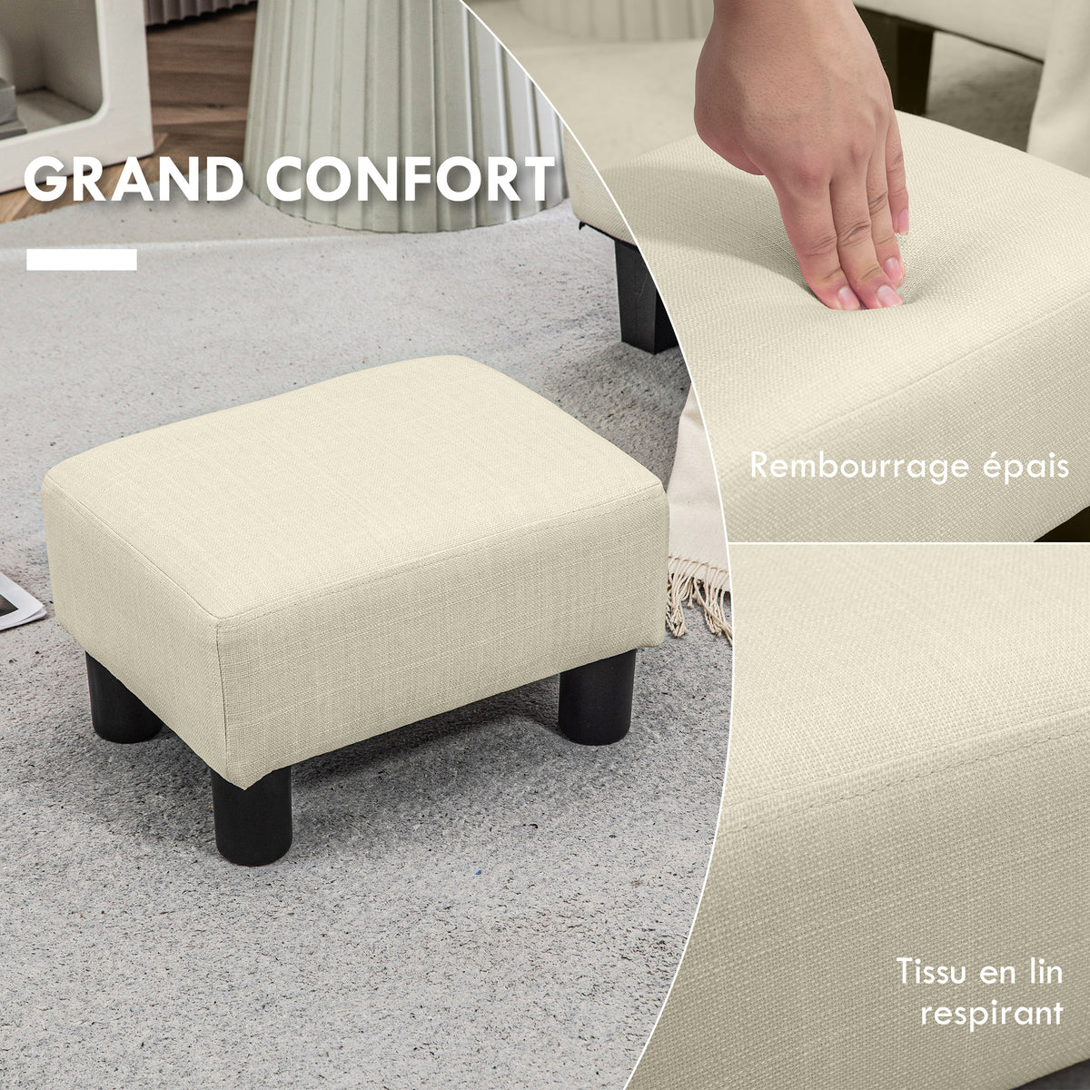 Pouf repose-pied tabouret bas en tissu de lin capacité de charge 110 Kg 40 x 30 x 24 cm beige-3