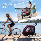 Remorque vélo enfant 2 en 1, poussette vélo bébé 2 places, guidon réglable, frein à main, ceinture de sécurité, rouge-3
