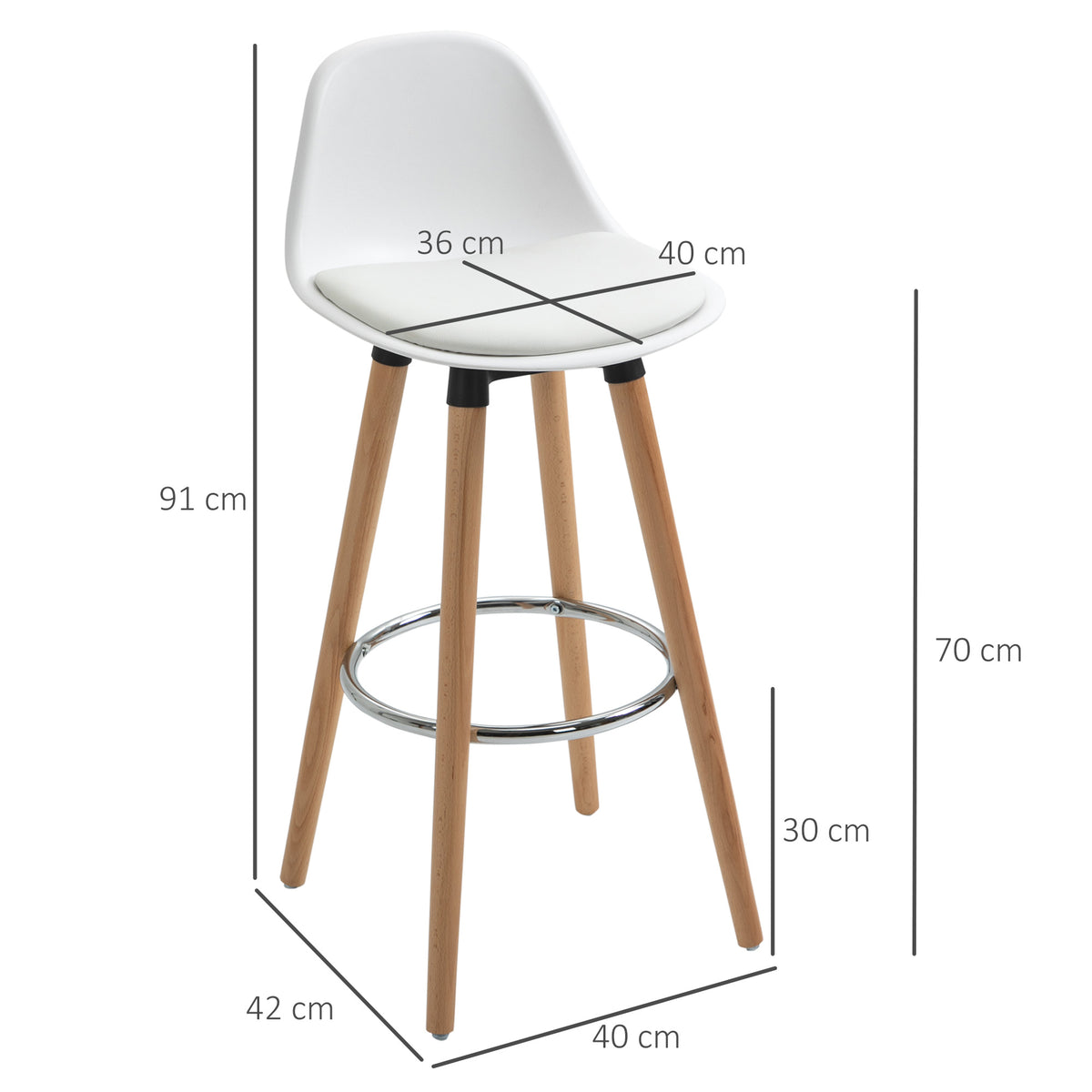 Lot de 4 tabourets de bar style scandinave hauteur 70 cm avec pieds en bois et repose-pieds en acier - blanc-2