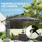 Parasol Déporté Parasol de Jardin LED Solaire 32 Lampes LED Manivelle UV 50+ et Housse de Protection Ø 295cm Gris-8