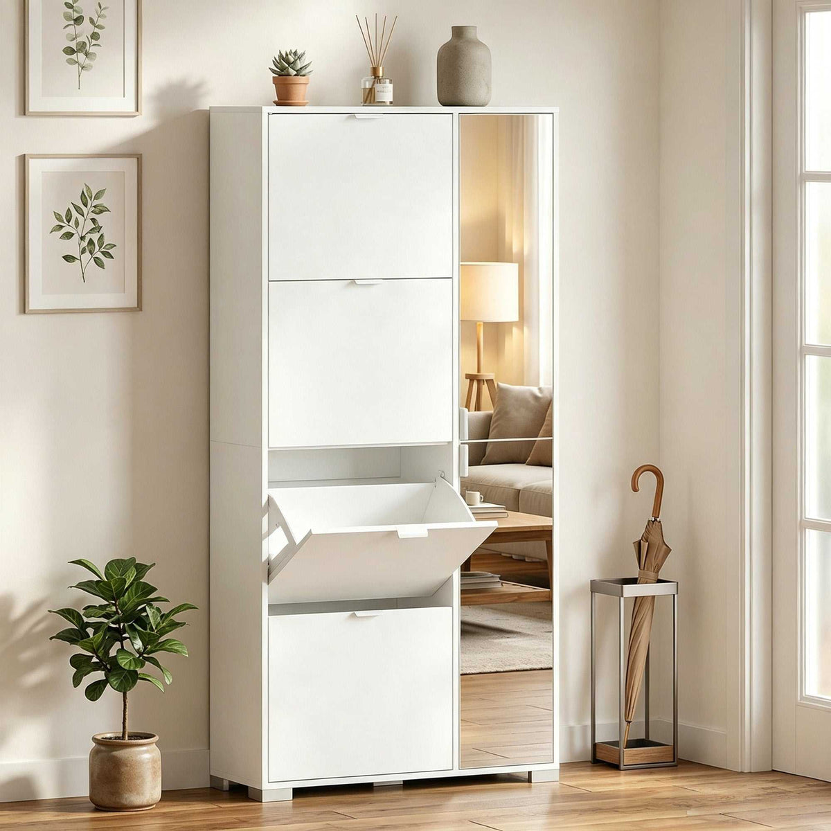 Meuble à chaussures 16 paires armoire à chaussures 4 tiroirs rabattables 2 portes en miroir étagères réglables blanc-1
