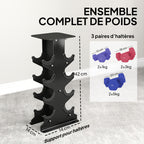 Lot 3 haltères hexagonaux avec support, 2 x 1kg, 2 x 3kg, 2 x 5kg, poignées antidérapantes, fitness à domicile-3