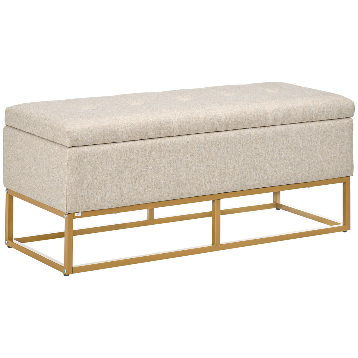 Banc banquette coffre de rangement 2 en 1 assise capitonnée et pieds acier 110 x 44 x 48 cm beige et doré-0