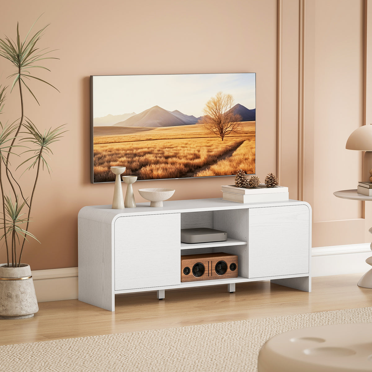 Meuble TV meuble télé pour téléviseur jusqu'à 55 pouces 2 portes 2 compartiments étagère réglable 110x35x45cm blanc-9