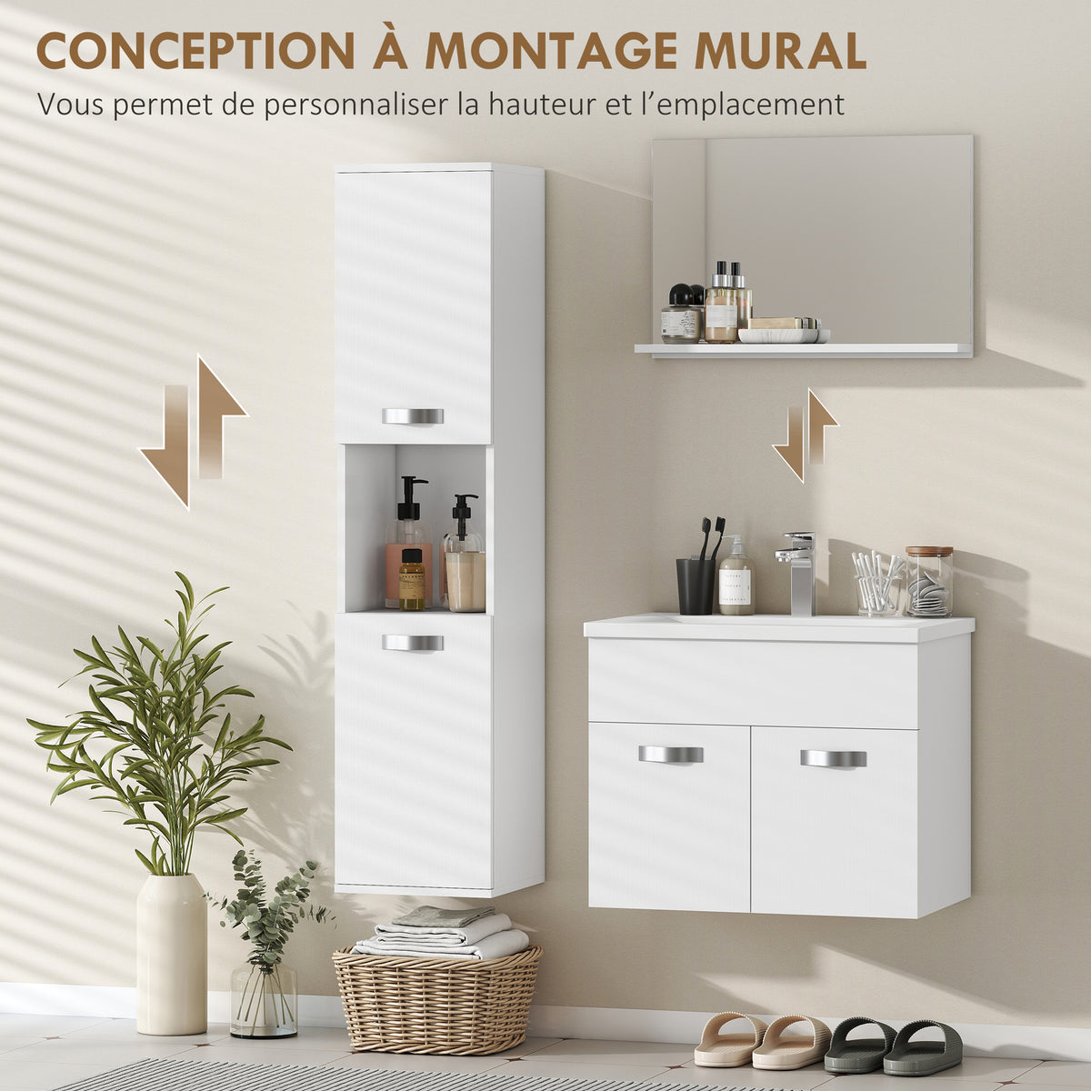 Ensemble de Meubles de Salle de Bain 4 Pièces, Mural, avec Miroir, Meuble sous Vasque, Lavabo et Armoire Haute, Blanc-4