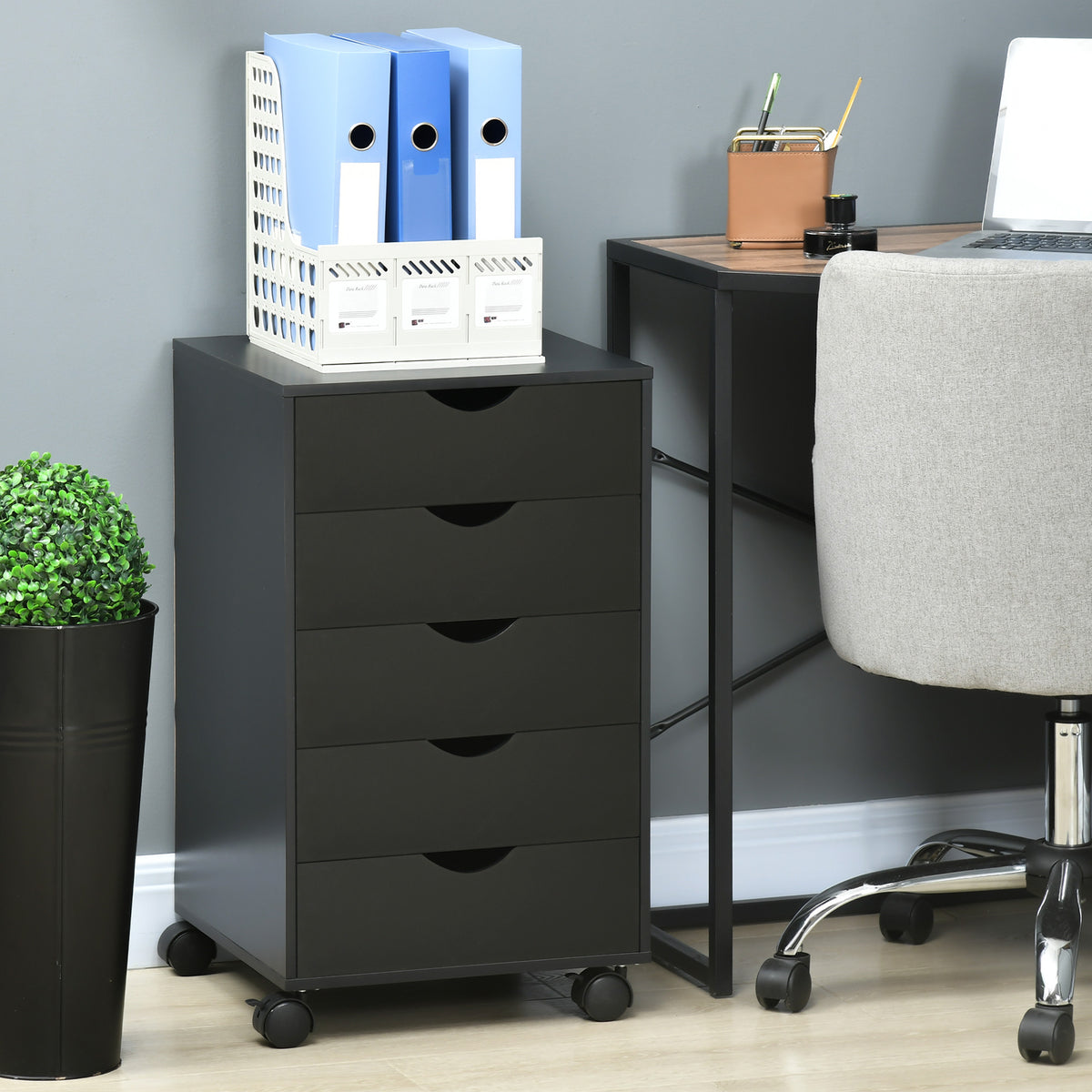 Caisson bureau mobile, meuble rangement bureau sur roulettes, 5 tiroirs, 40 x 40 x 68,5 cm, noir-1