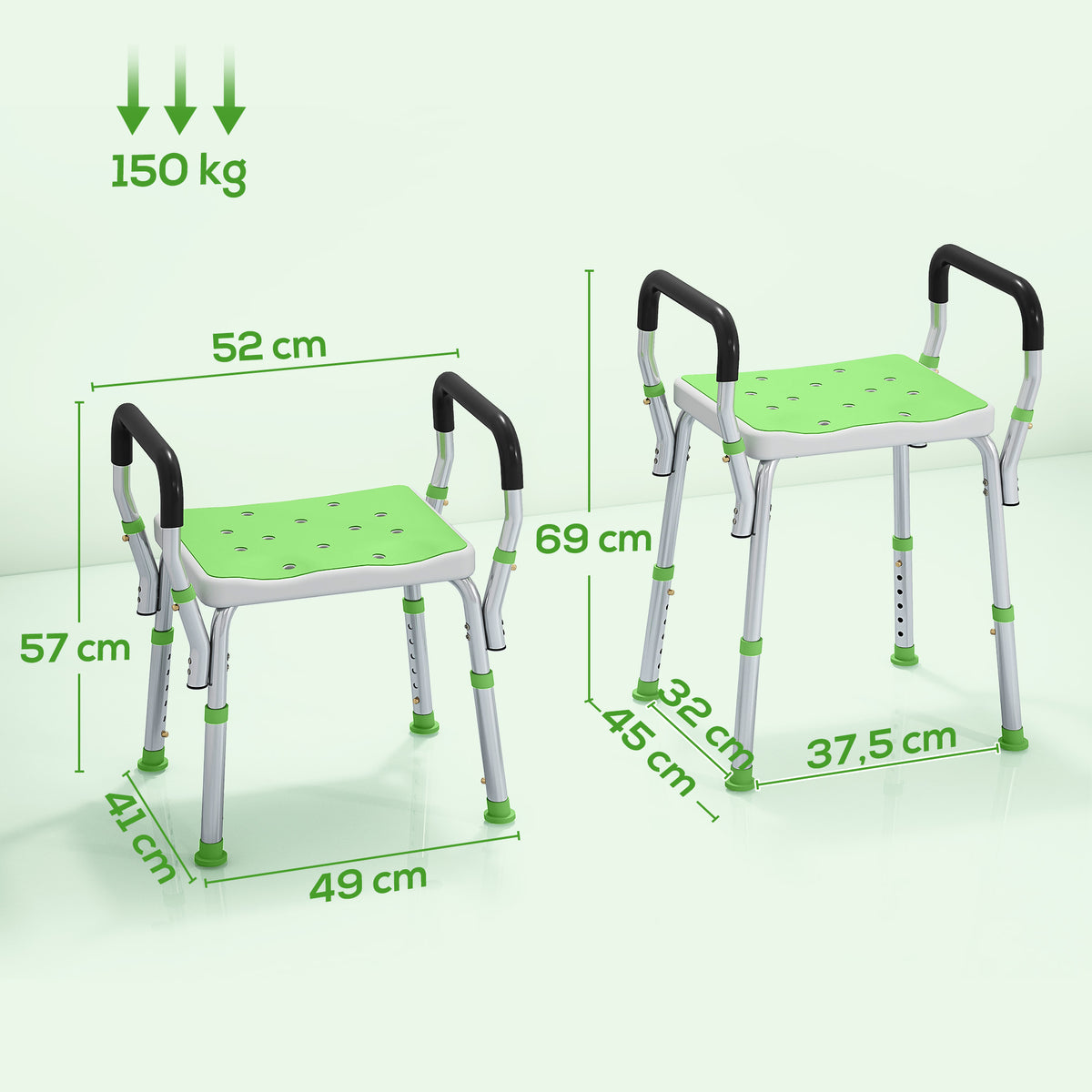 Tabouret de douche pour personnes âgées et handicapées avec accoudoirs, hauteur réglable, patins antidérapants, vert-2