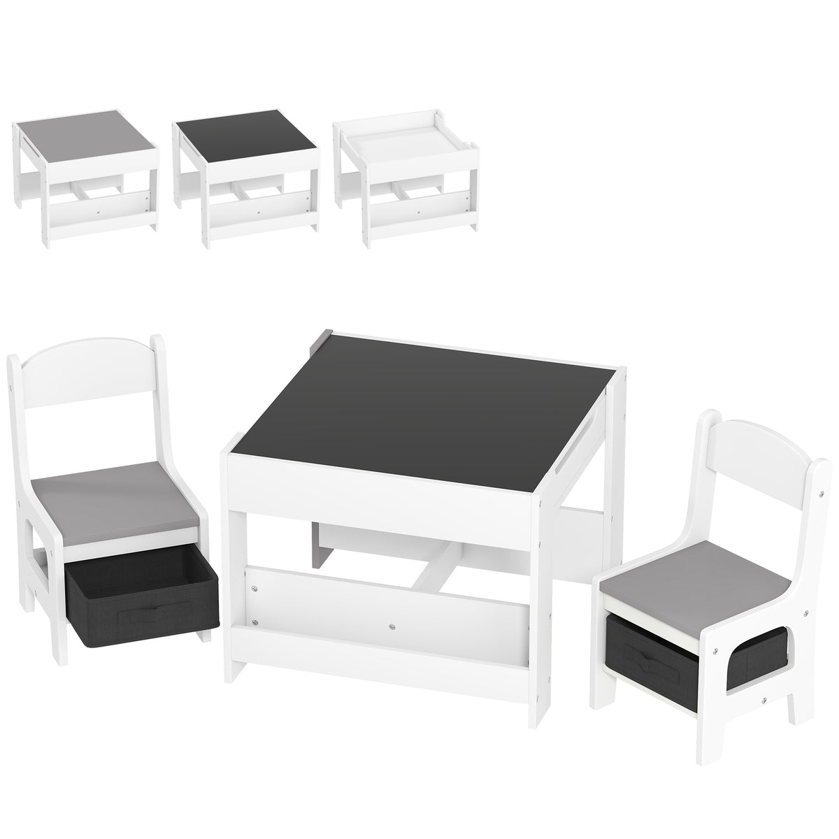 Ensemble 3 pièces table et 2 chaises pour enfant avec plateau réversible tableau noir, panier de rangement, étagères-0