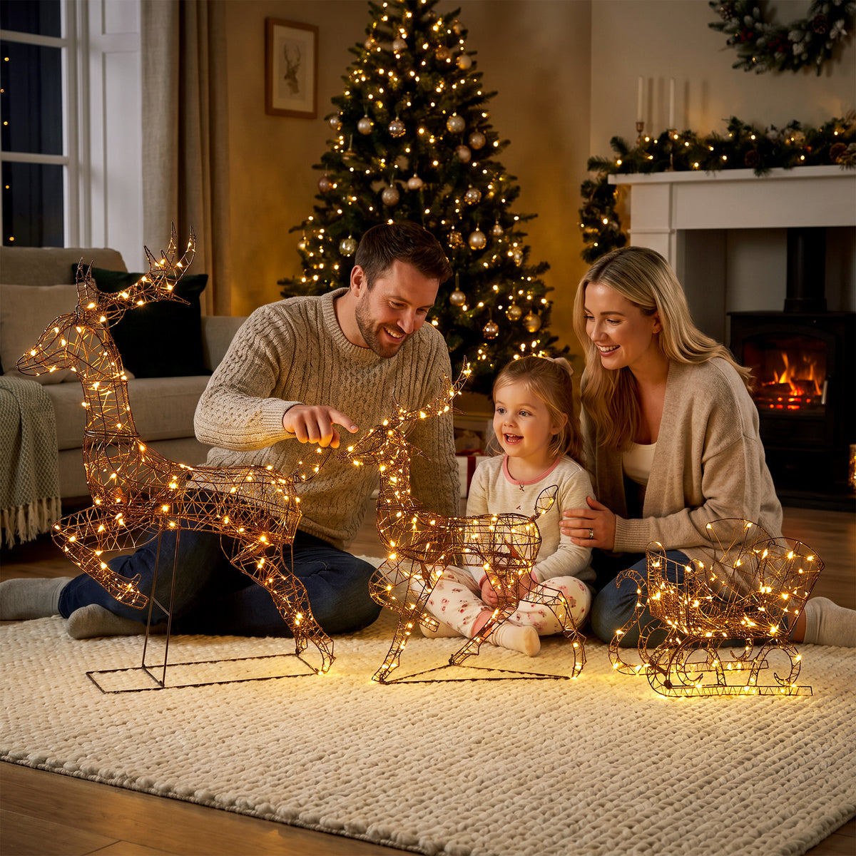 Lot de 2 Rennes de Noël avec Traîneau Lumineux 3 Pièces, 240 LED Blanc Chaud, 8 Modes et Minuterie, 78x22x105cm, Marron-8