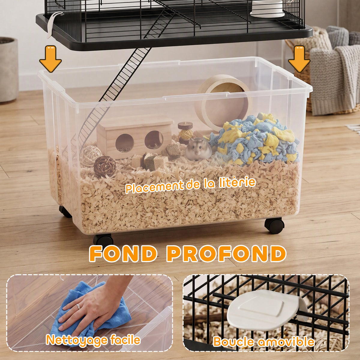Cage hamster cage rongeur 2 étages avec roulettes plate-forme et échelle en fil d'acier 57 x 43 x 57 cm noir-6
