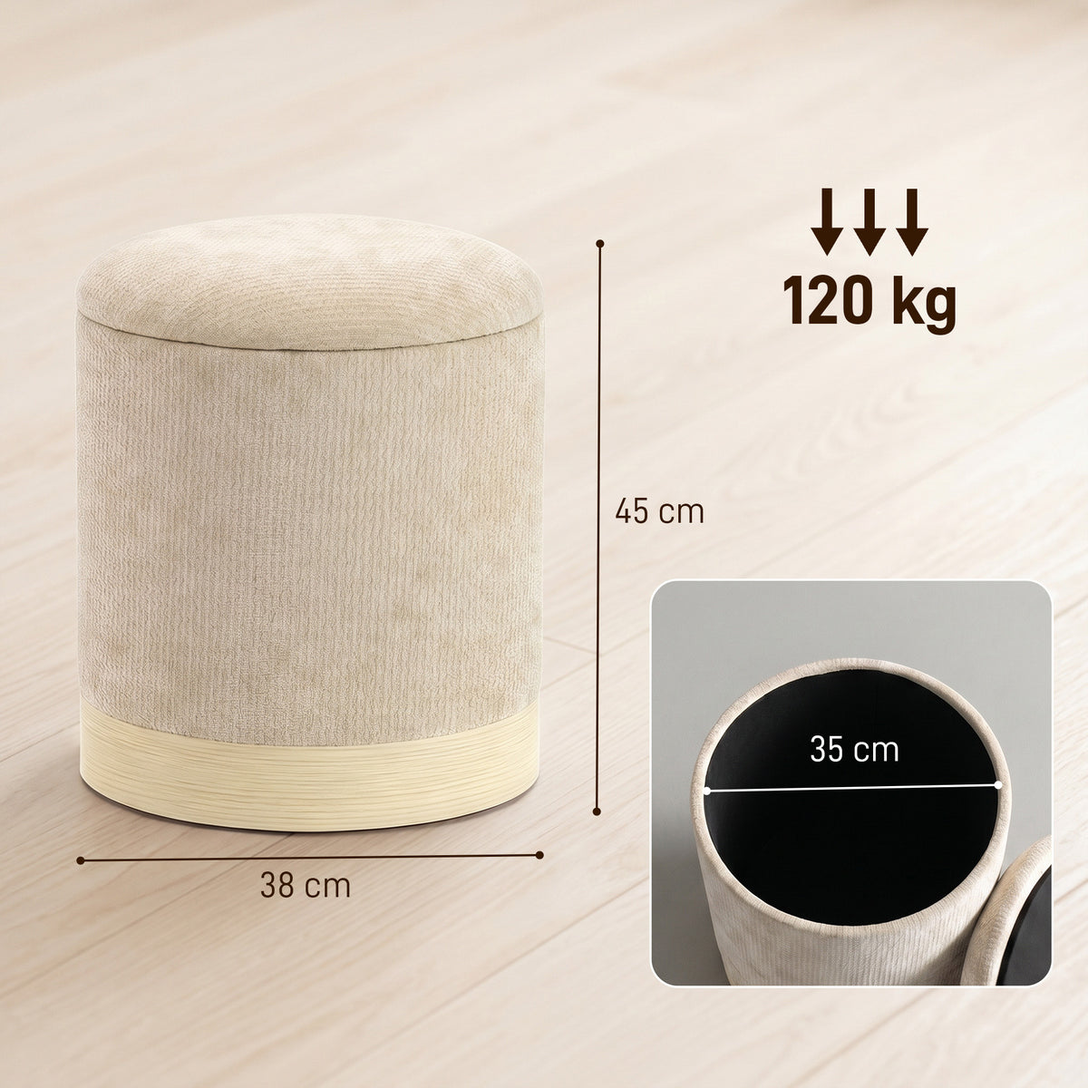 Pouf coffre rangement, tabouret rond en chenille, pouf repose-pieds avec base en métal effet bois, beige-2