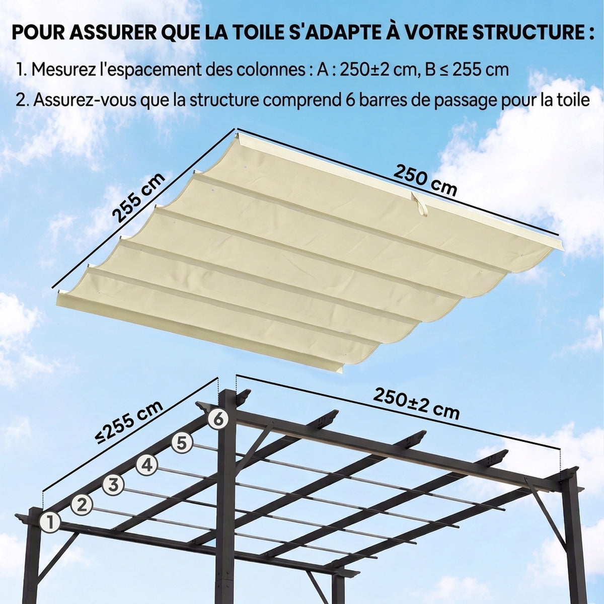 Toile de toit pour pergola tonnelle rétractable de 3 x 3 m - toile uniquement 250 x 255 cm crème-3