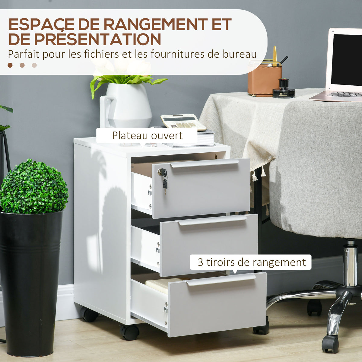 Caisson de bureau à roulettes avec 3 tiroirs et serrure pour dossiers 40 x 40 x 63,5 cm blanc et gris-3