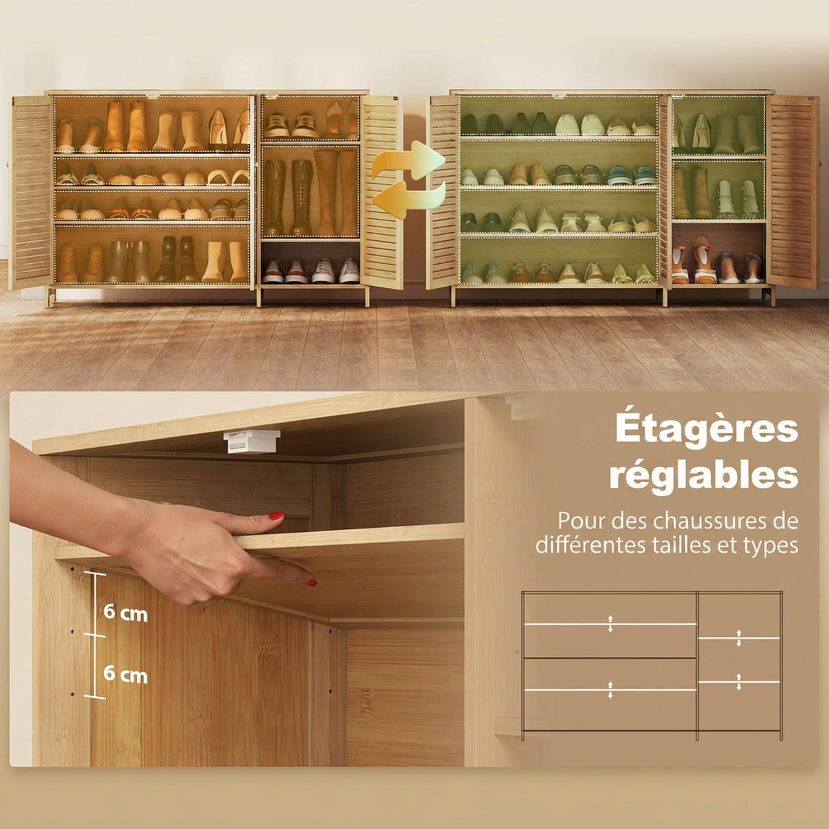 Meuble à chaussures en bambou 18 paires, armoire à chaussures avec portes persiennes et étagères réglables, bois naturel-5