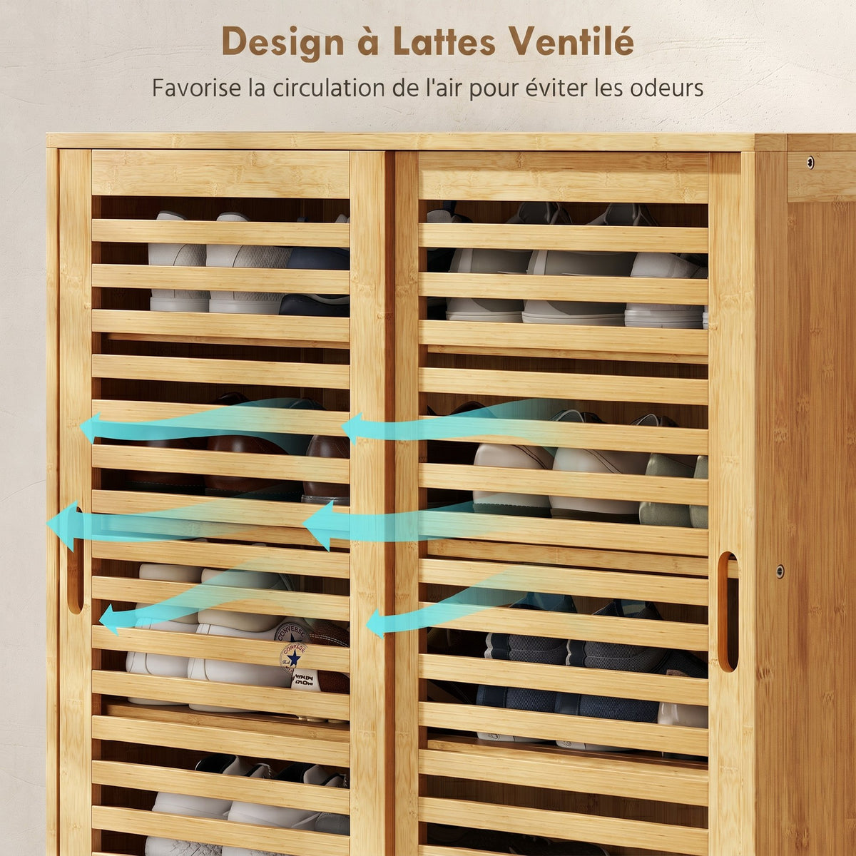 Meuble à chaussures en bambou 16 paires, armoire à chaussures, 2 portes coulissantes, étagères réglables, bois naturel-6
