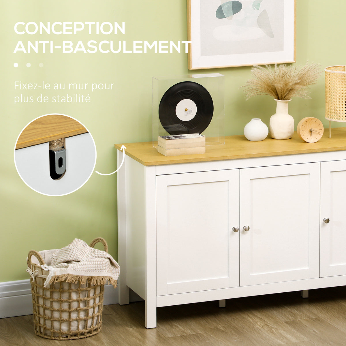 Buffet meuble de rangement avec 3 portes 2 étagères réglables plateau aspect bois clair 120 x 40 x 70 cm blanc-5
