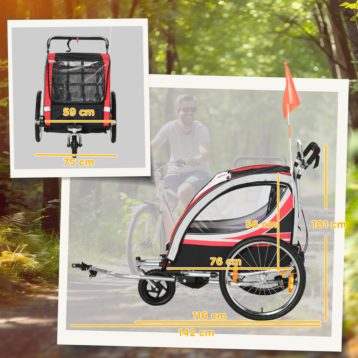 Remorque vélo pour enfant 2 en 1 convertible jogger poussette capacité 26,4 kg avec réflecteurs et drapeau - 2 places - rouge-2