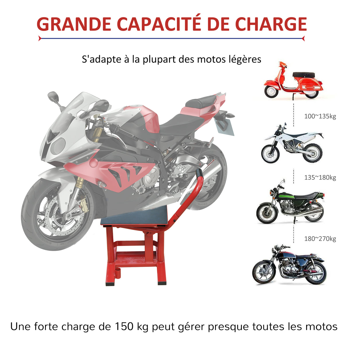Lève moto béquille d'atelier stand moto tout-terrain moto cross supermotard hauteur réglable rouge et noir-3