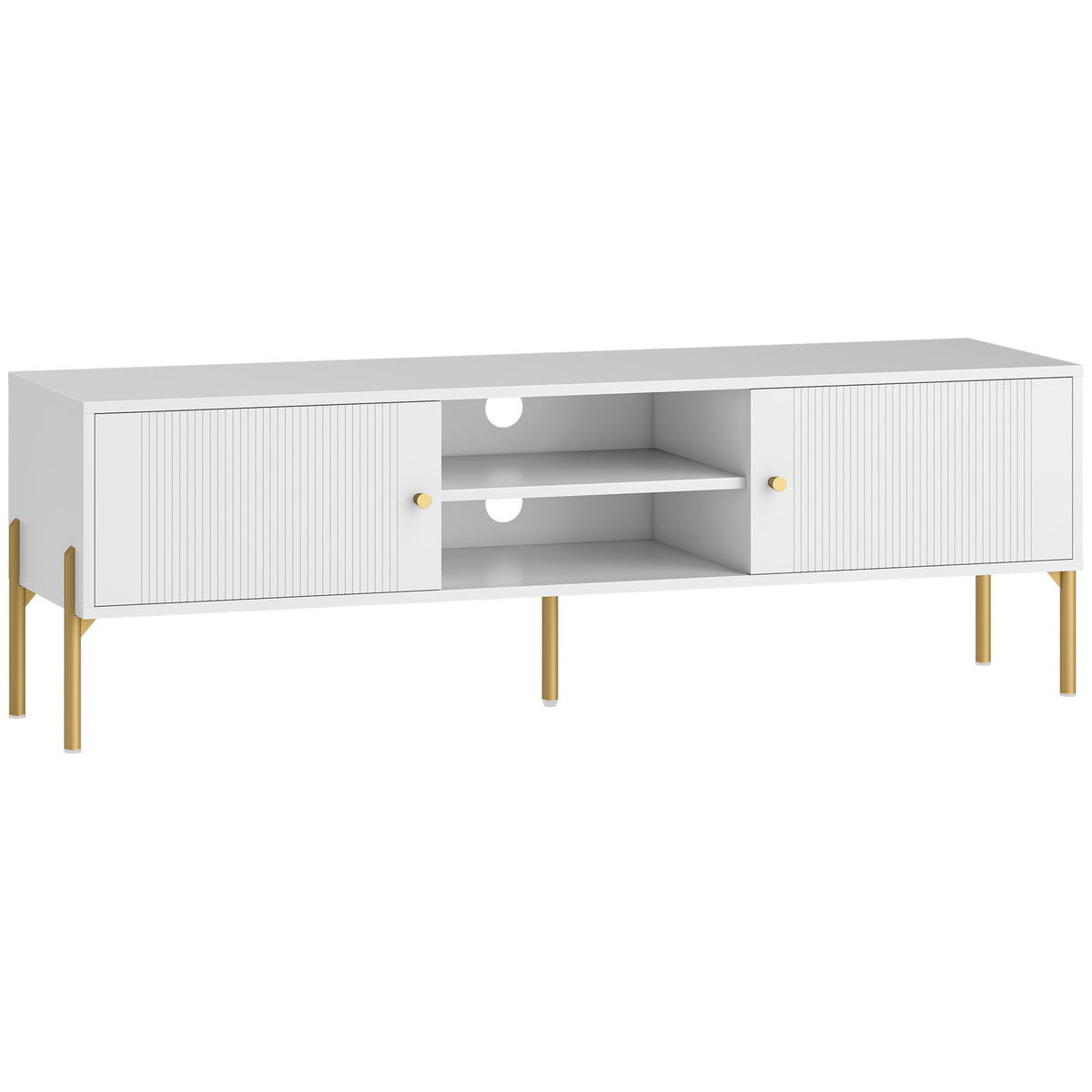 Meuble TV, meuble télé jusqu'à 65 pouces avec 2 portes, 2 compartiments ouverts, pieds en acier, 140x38x45,9cm, blanc-0
