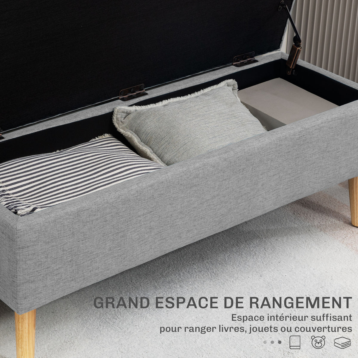 Banc coffre rangement rembourré aspect lin pour chambre à coucher, entrée, salon, charge 220 Kg, 110 x 39 x 45 cm, gris-3
