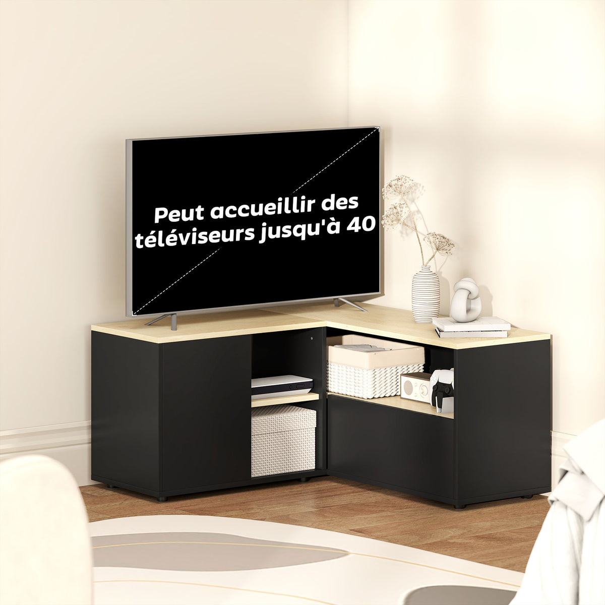 Meuble TV d'angle banc télévision jusqu'à 40 pouces avec 2 placards et 3 niches 90 x 90 x 45 cm chêne et noir-5
