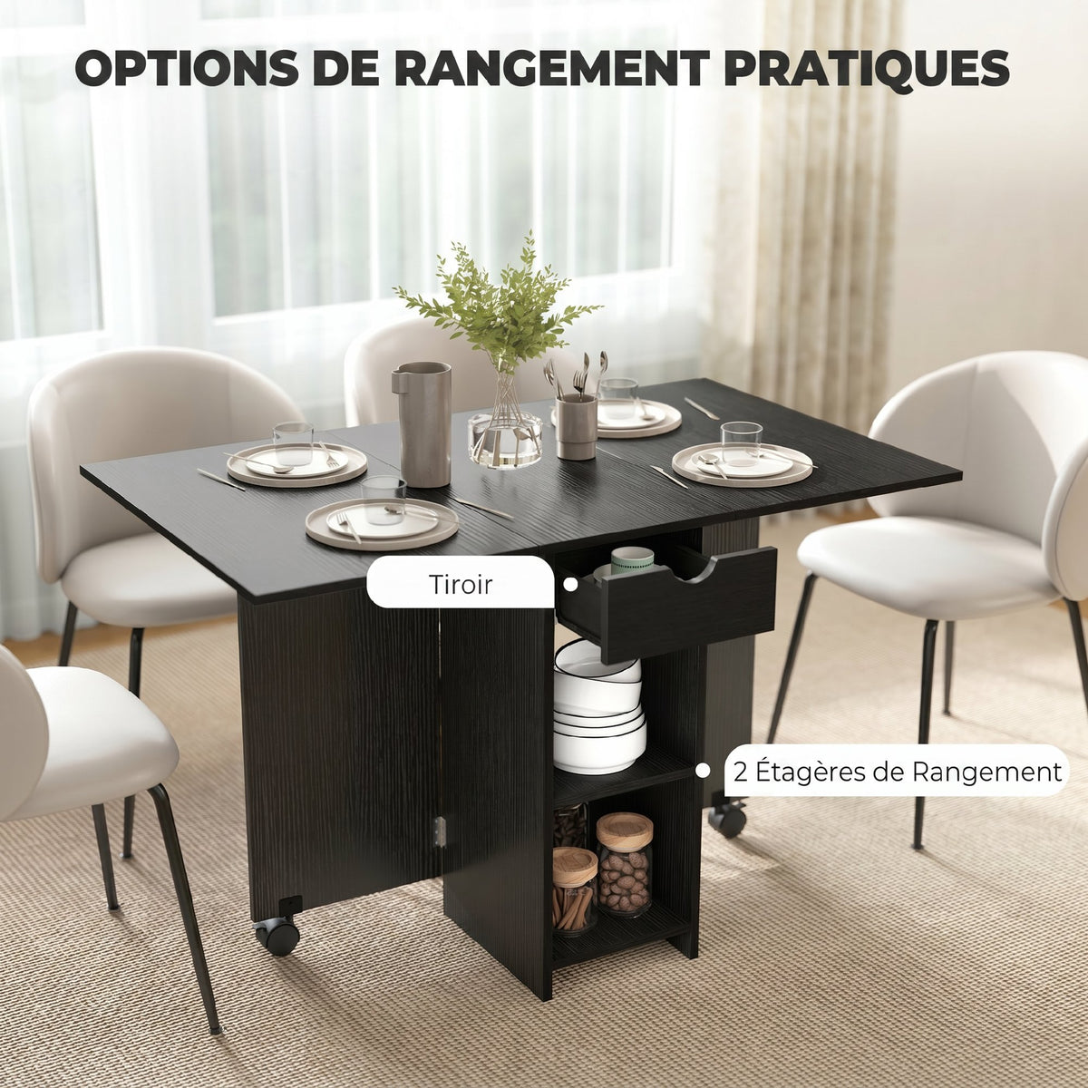 Table à Manger Pliante, Table de Cuisine Extensible pour 2 à 4 Personnes, 2 Abattants, 120 x 72 x 75 cm, Noir-3