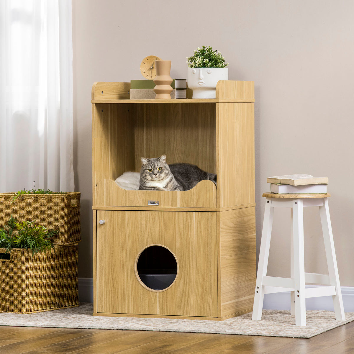 Maison de toilette pour chat meuble litière chat 3 niveaux compartiment fermé par une porte 1 coussin 60 x 45 x 103 cm-1