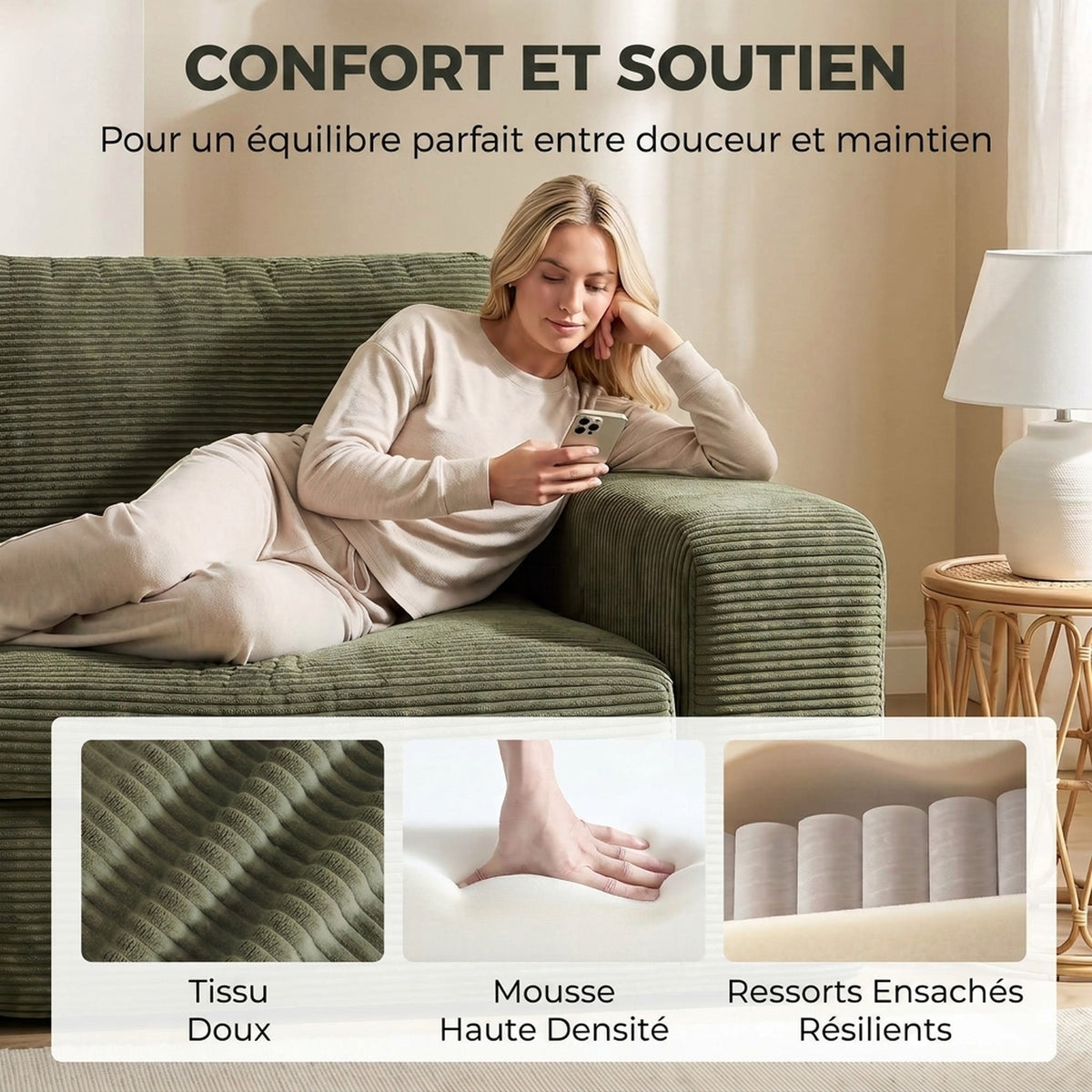 Canapé 3 Places en Velours Côtelé, Canapé de Salon Compressé Moderne 236 cm avec Coussin à Ressorts, Vert-4