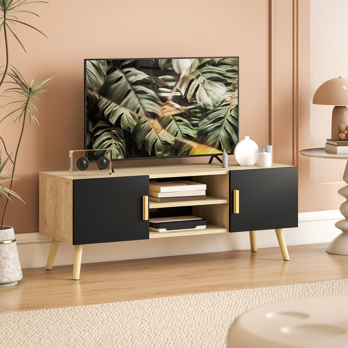Meuble TV meuble télé bois banc TV jusqu'à 50 pouces avec étagères, 2 placards et passe-câbles, chêne-9