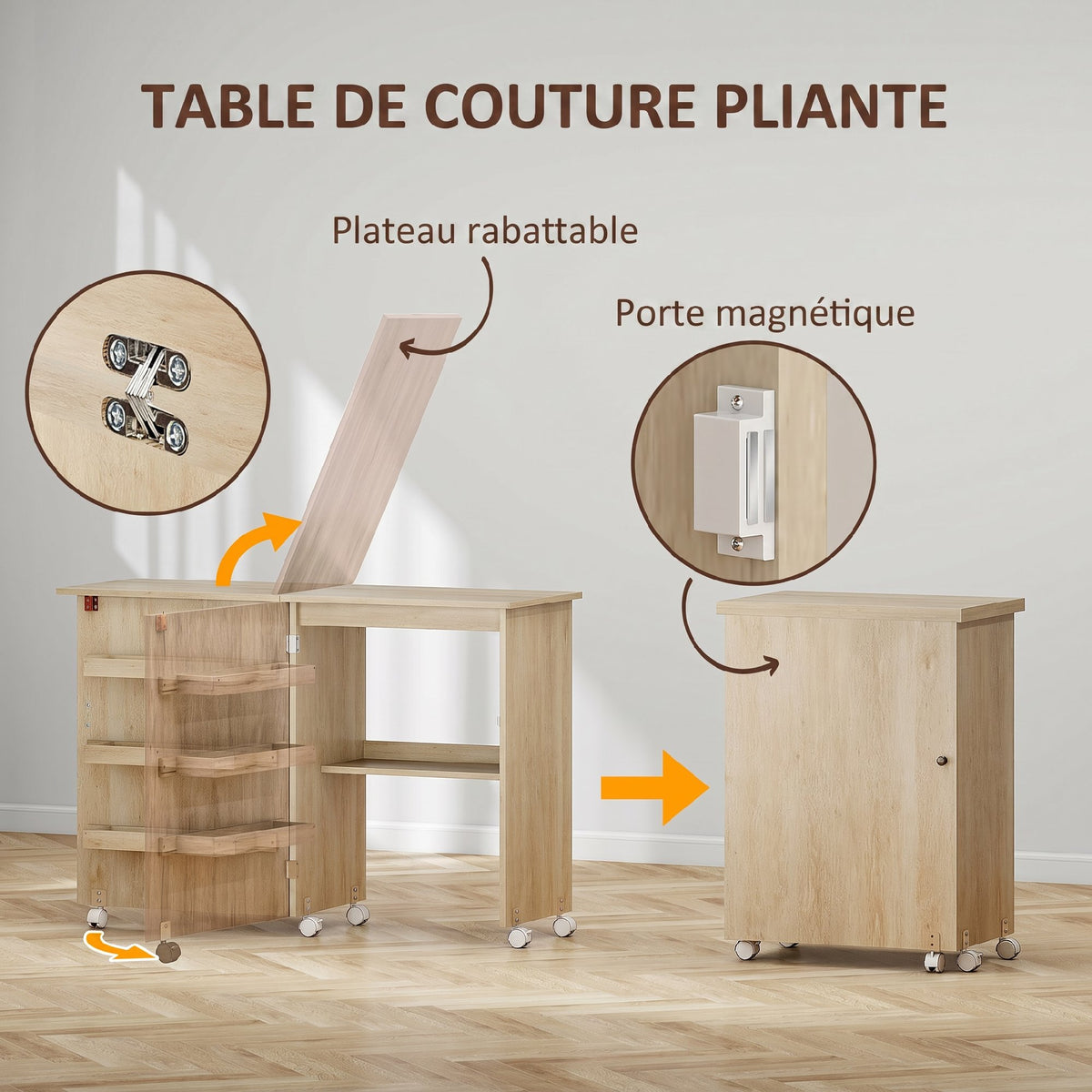 Table de couture pliante meuble couture à abattant avec bacs de rangement, étagère ouverte et roulettes, bois naturel-3