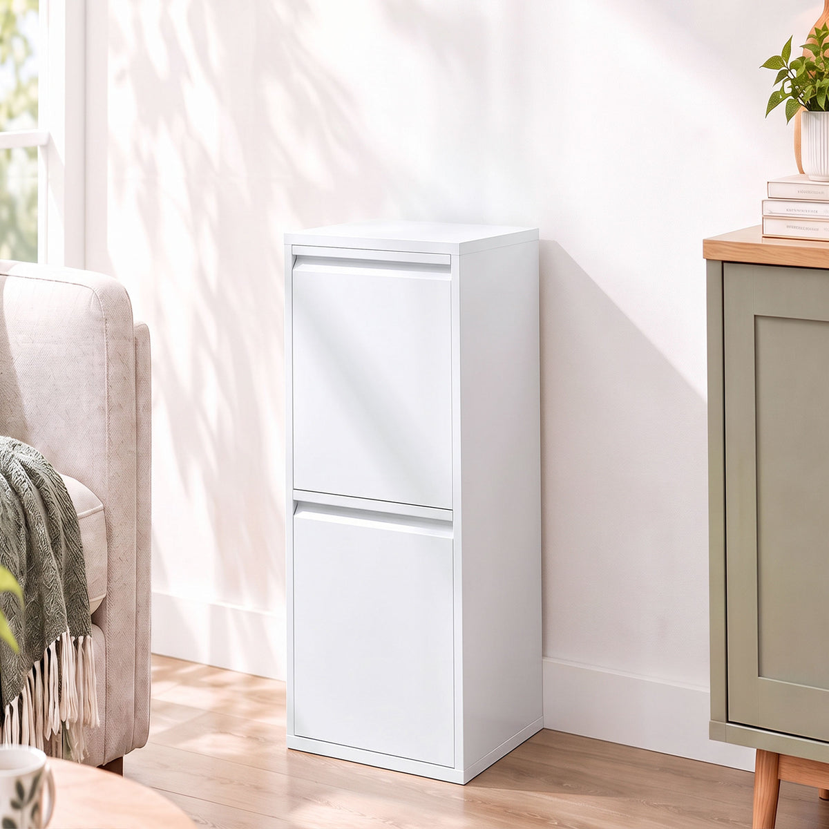 Meuble Poubelle de Tri Sélectif, Poubelle de Recyclage 30 L (2 x 15 L) avec 2 Compartiments, Fermeture Douce, Blanc-1