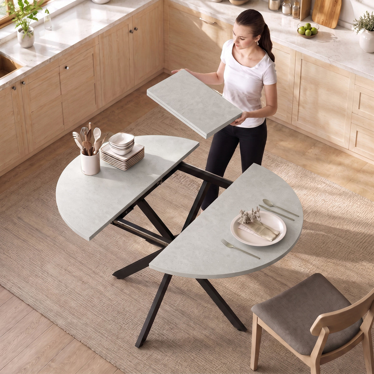 Table à manger extensible ovale pour 4 à 6 personnes, table de cuisine avec rallonge 100-135 cm, effet pierre grise-7