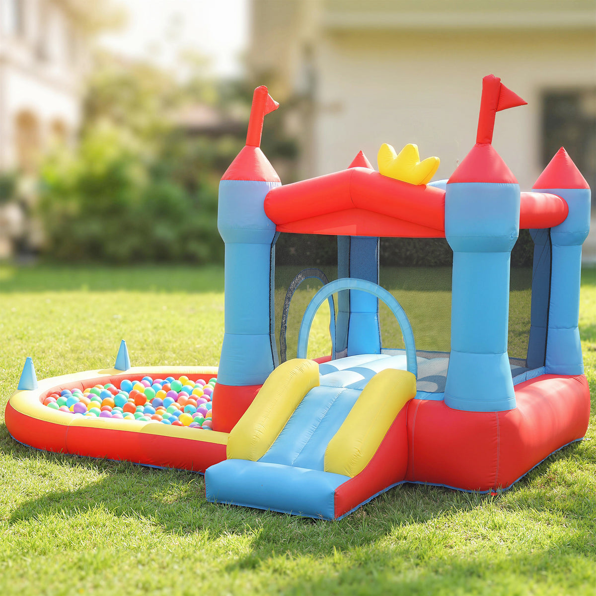 Château gonflable avec souffleur, aire de jeux gonflable avec toboggans, trampoline, piscine à balles, multicolore-1