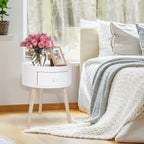 Table basse - table de chevet - table de nuit ronde - design scandinave table d'appoint bout de canapé avec tiroir pieds effilés inclinés bois massif chêne clair blanc-9