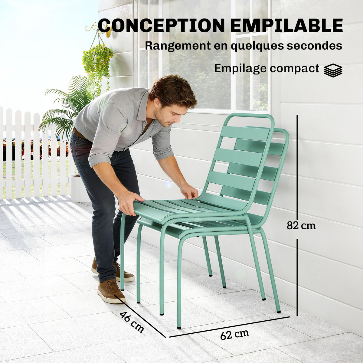 Lot de 2 Chaises de Jardin Empilables en Métal pour Terrasse, Balcon, Jardin, Vert-5
