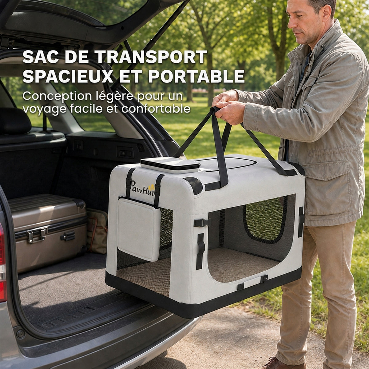 Grand Sac Transport Chat Chien Plaible Respirant Sangle Sécurité Coussin Lavable Gamelle Pliable 70x52x50cm Gris Clair-3
