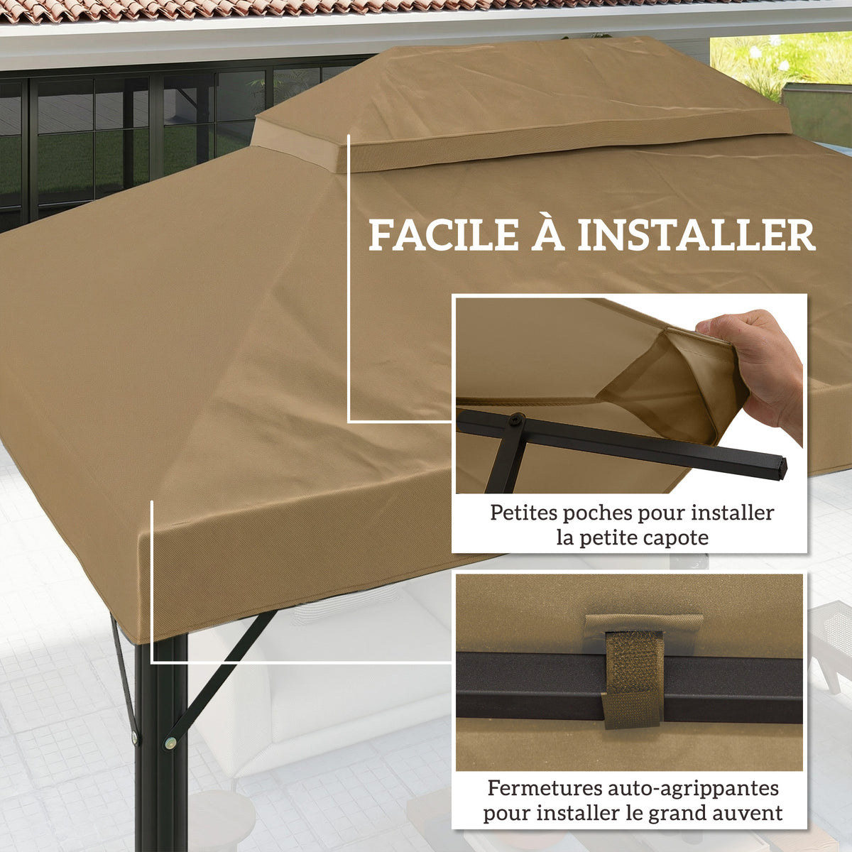 Toile de rechange pour pavillon toile de tonnelle 4 x 3 m, double toit avec trous de drainage, polyester 370 g/m², beige-4
