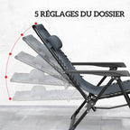Lot de 2 chaise longue pliable et inclinable avec table d'appoint, porte-gobelets et appuie-têtes, charge 120 kg, gris-3