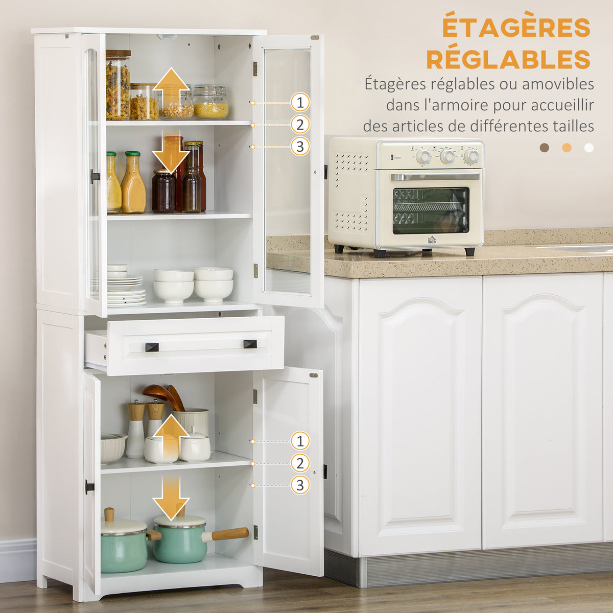 Buffet haut armoire de cuisine 4 portes dont 2 portes vitrées et 1 tiroir hauteur 160 cm avec étagères en bois blanc-4
