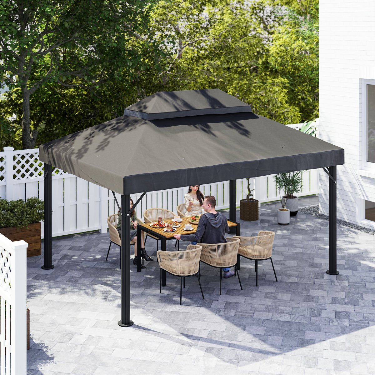Toile de rechange pour pavillon toile de tonnelle 4 x 3 m, double toit avec trous de drainage, polyester 370 g/m², gris-7