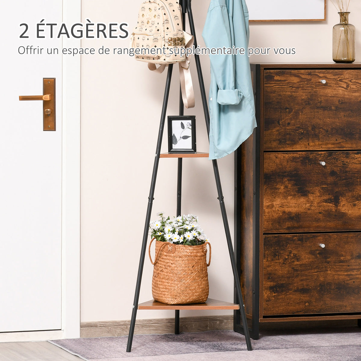 Porte-manteau trépied style industriel branches 2 étagères + 6 patères dim. 52L x 46l x 182H cm métal noir-4