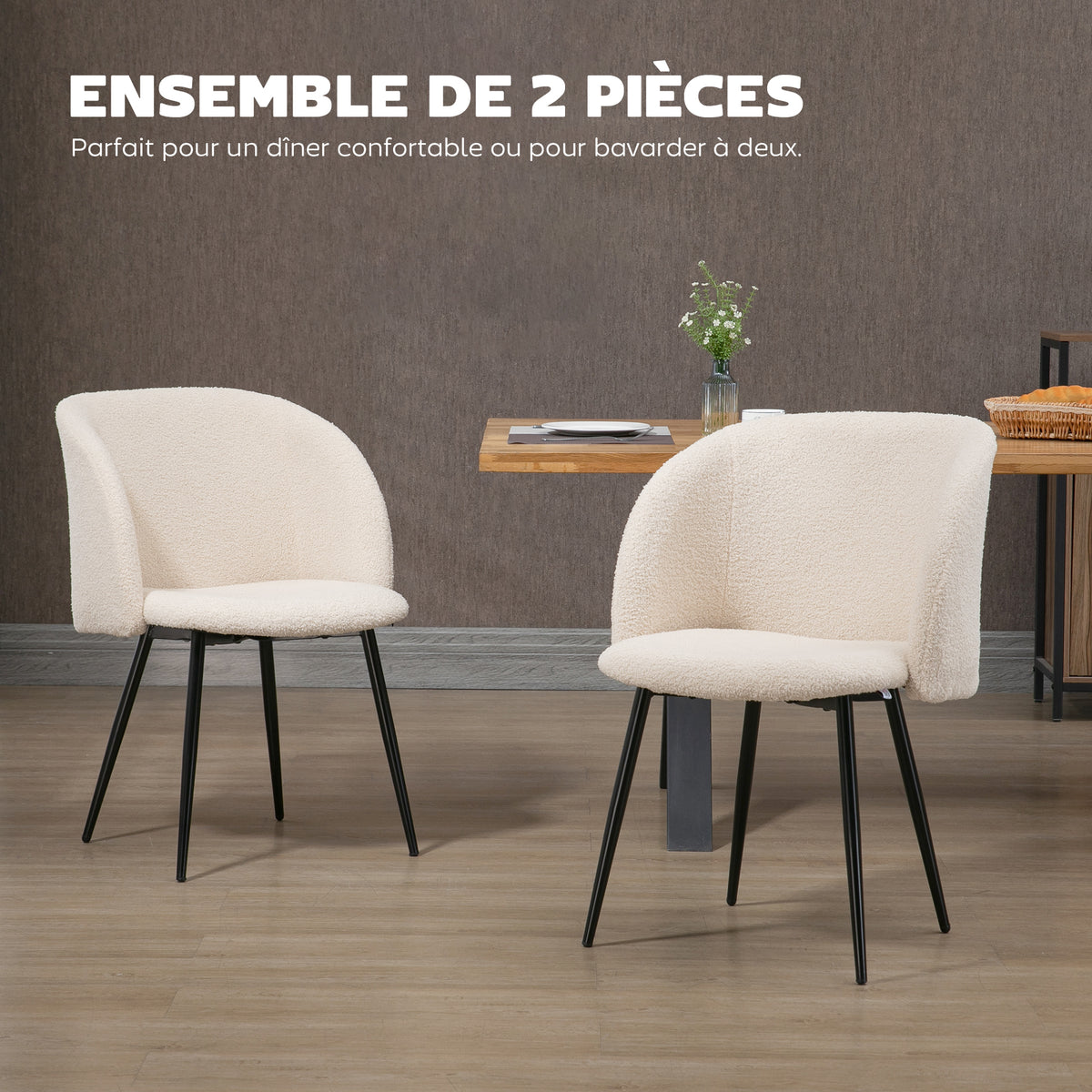 Lot de 2 chaises de salle à manger avec dossier en tissu effet laine boucleé pieds en acier 55 x 62 x 80 cm beige noir-3