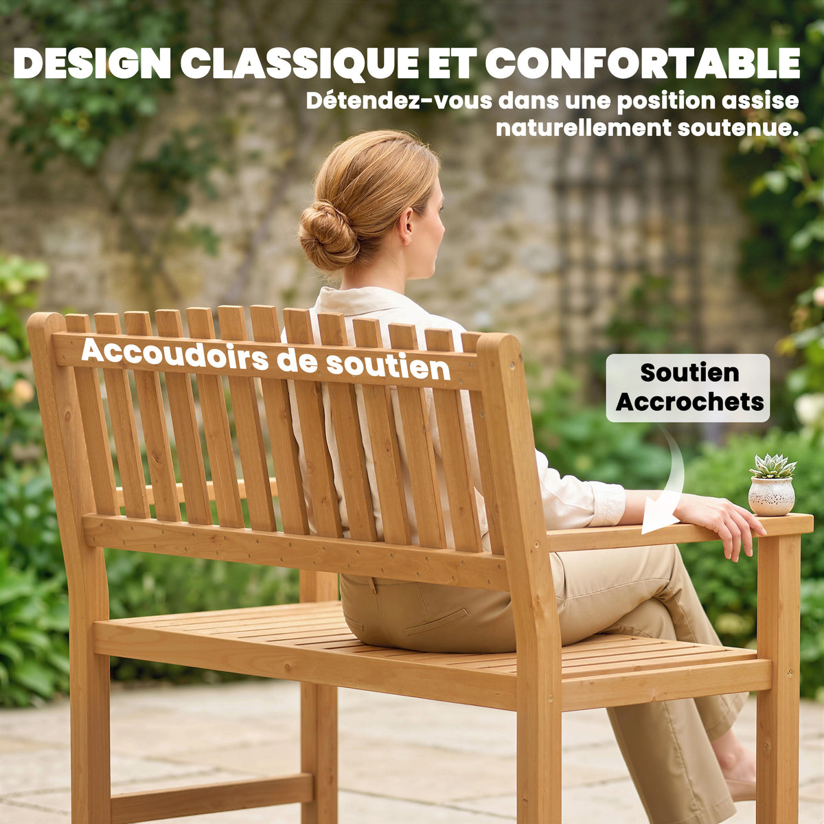 Banc de Jardin Banquette de Terrasse 2 Places Charge Max. 320kg Accoudoirs 112 x 64 x 92 cm Bois d'Acacia Naturel-5